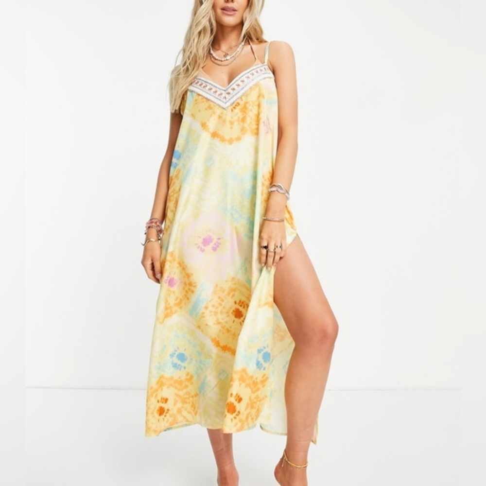 Resort River Island Women’s Yellow Green Beaded Maxi Slip Dress NWT S #1506